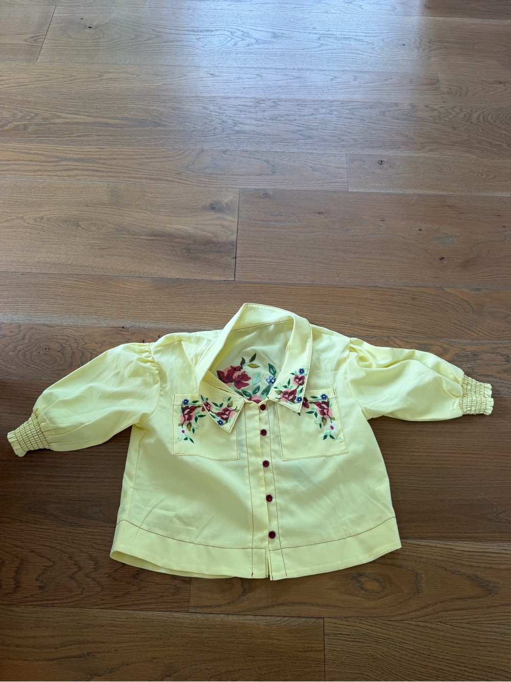 Amazon Yellow Embroidered Floral Button-Up Top